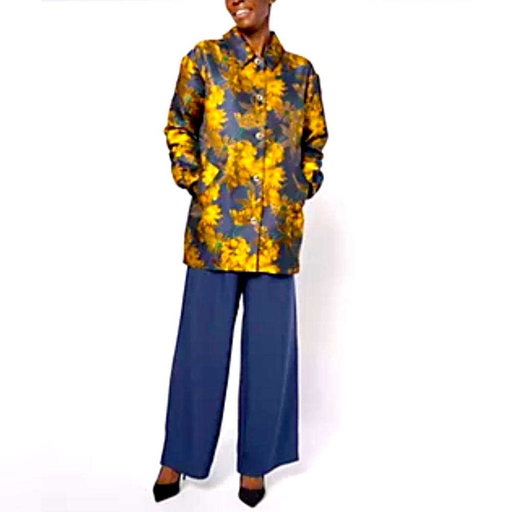NWT Isaac Mizrahi Jacquard Floral Navy and gold Fleece Lined  elegant jacket. 3X